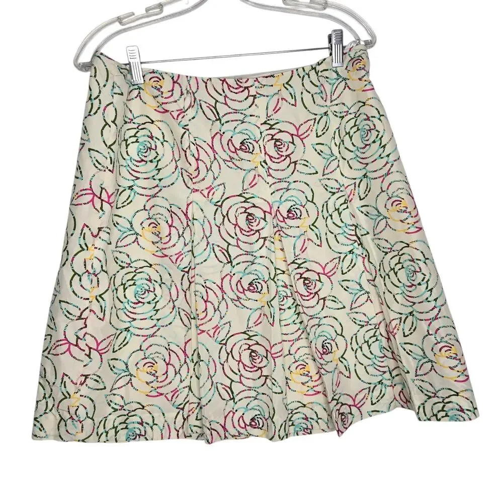 Vintage 90s Lilly Pulitzer Silk Skirt Floral Spring Pleated Claire Ivory Women 8